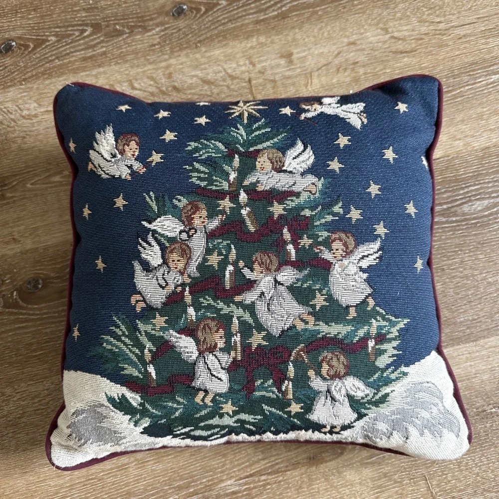 Vintage Newport Angels Tapestry Christmas Pillow: Elegant Holiday Decor 15x15